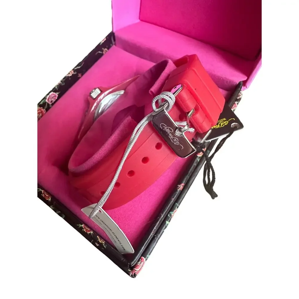 NIB Ed Hardy Love Kills Slowly Watch Swarovski Crystals & Red Pink Band Y2K